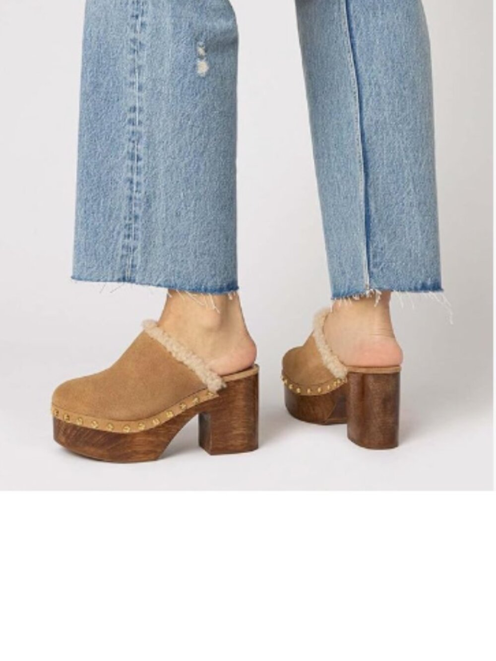 Wansseny Brown Fur Round Toe Studded Platform Slip on Cork Chunky High Heel Mule